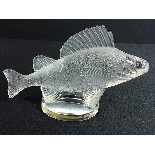 381 - Lalique fish on stand, 16cms in length and standing 10cms tall without the base.