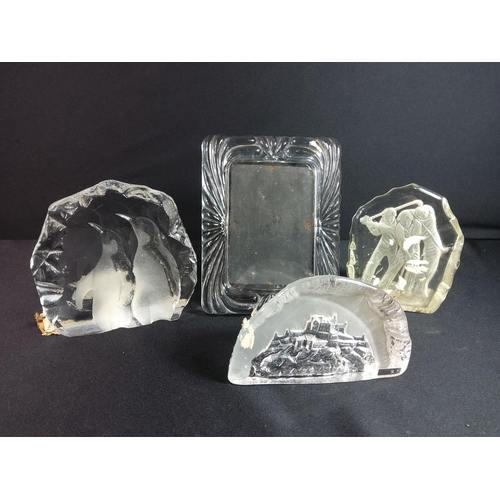 403 - Glass photo frame and 3 glass paperweights