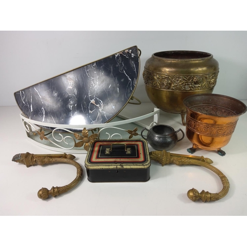 296 - Large brass bowl, tins, shelves