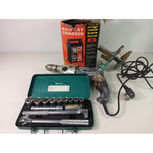 297 - Battery charger, vice, electric drill and large qty of screws and fixings