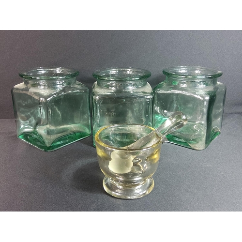 293 - 3 vintage glass chemistry jars and pestal and mortar