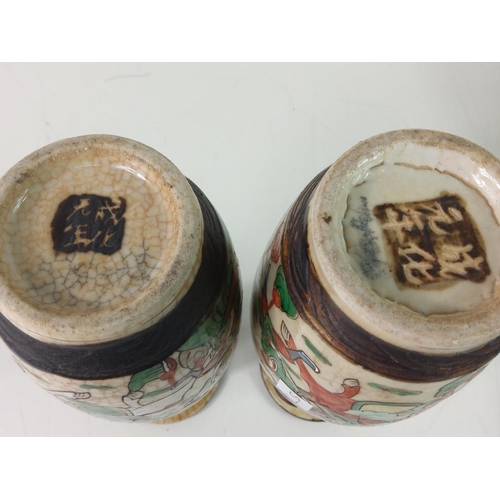 199 - Pair of early 20th Century Oriental vases painted with mounted Warriors, brown incised character mar... 