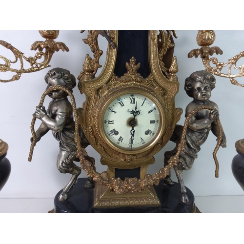 214 - Large marble and Omalu French 3 piece clock set, clock stands approx. 60cms in height