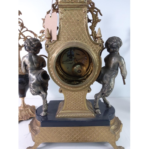 214 - Large marble and Omalu French 3 piece clock set, clock stands approx. 60cms in height