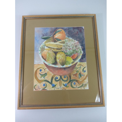 394 - Framed still life watercolour of fruit by Janet Thorndyke, 54cms x 46cms