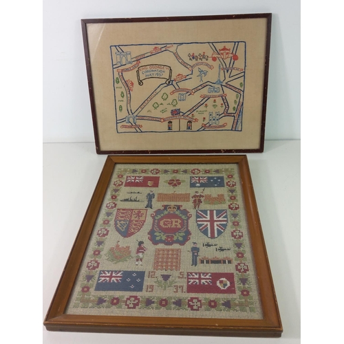 395 - Framed George VI embroidery and a George VI tapestry, largest 46cms x 34cms