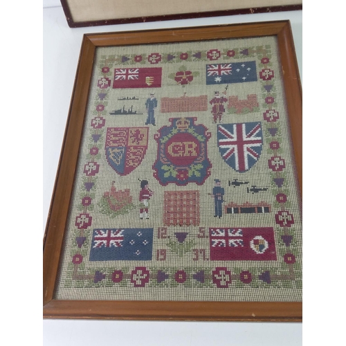 395 - Framed George VI embroidery and a George VI tapestry, largest 46cms x 34cms