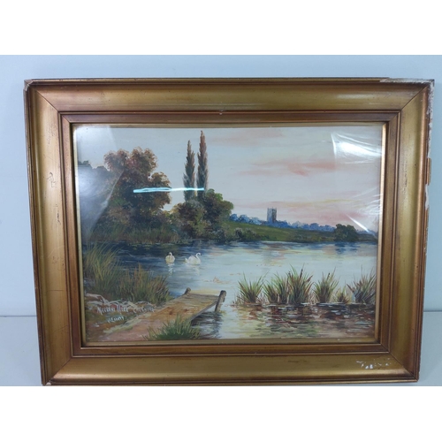 396 - Antique gilt framed painting signed Lovett, 37cms x 47cms