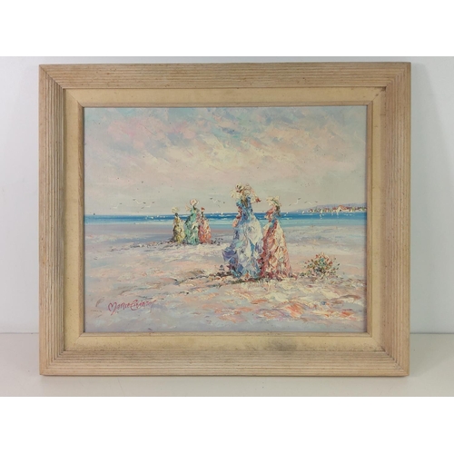 398 - Modern framed oil on canvas of lady at the beach, 54cms x 64cms