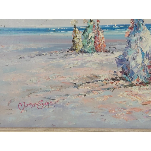 398 - Modern framed oil on canvas of lady at the beach, 54cms x 64cms