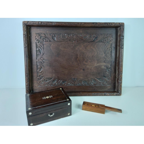 434 - Carved tray, antique box and set of dice