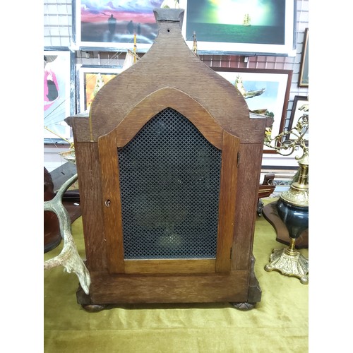 217 - Large antique oak cased bracket clock with fussie movement and musical chimes, 69cms x 42cms x 20cms