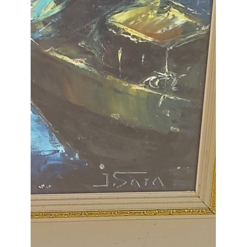 74 - 1960's oil on canvas harbour scene, 31cms x 69cms