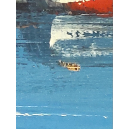 74 - 1960's oil on canvas harbour scene, 31cms x 69cms