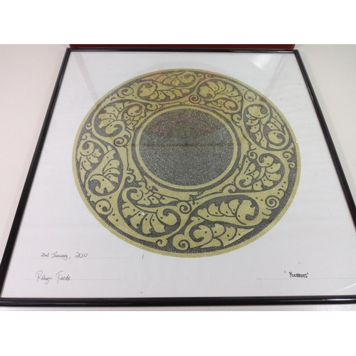 80 - 2 oriental framed pictures by Catherine Lim made up of writing, both 55cms x 55cms