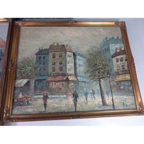 196 - 3 street scene oil on canvas, largest 65cms x 55cms