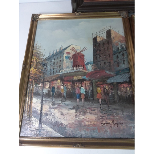 196 - 3 street scene oil on canvas, largest 65cms x 55cms