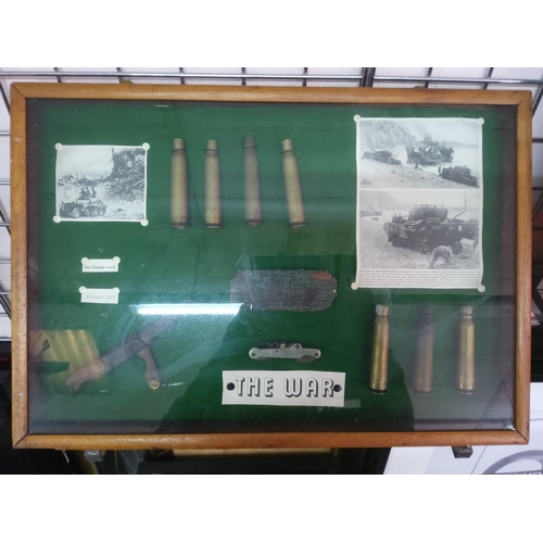 208 - Glass display case of military shell cases and other items, 61cms x 48cms