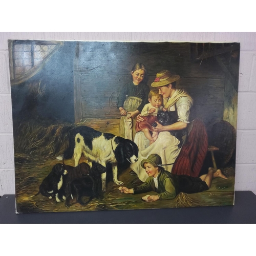 46 - Large reproduction oil on canvas of 'The New Puppies' by Adolf Eberle 122cms x 92cms