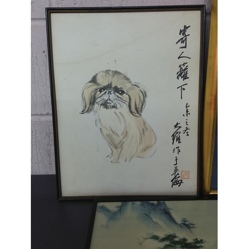 39 - Signed Chinese pekinese lithograph by Kwok Ta Wei, and Oriental watercolour and a print