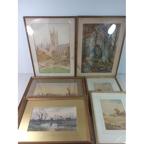 42 - 5 gilt framed pictures including watercolours