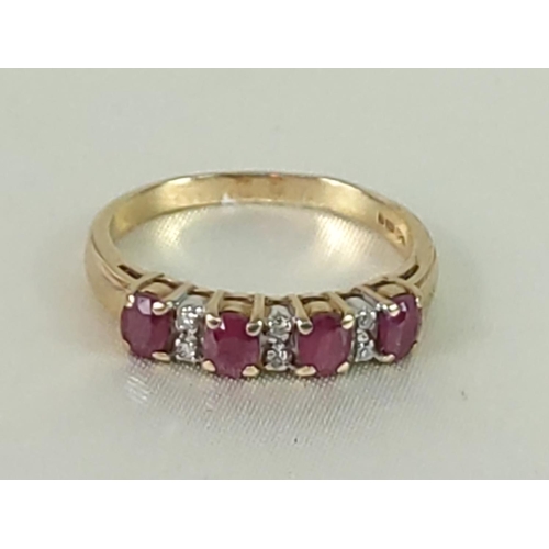 330 - 9ct gold ruby and diamond half hoop ring, size O