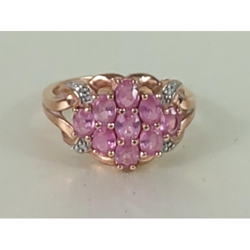 333 - 9ct gold pink sapphire and diamond ring, size O