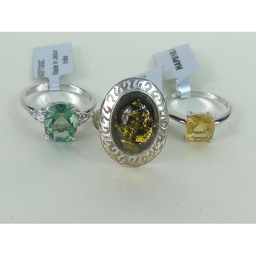 338 - 3 silver stone set rings, sizes Q, R & R