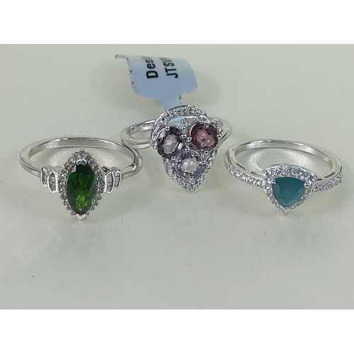 341 - 3 silver stone set rings, sizes S, Q & P