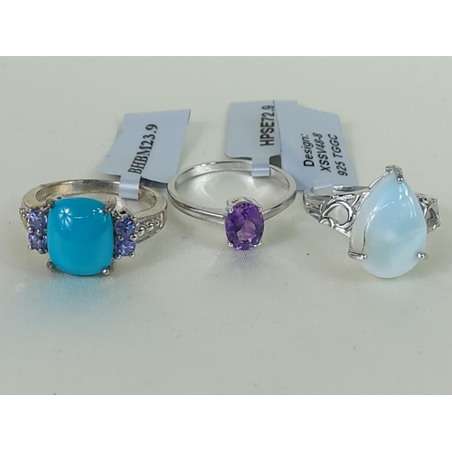 343 - 3 silver stone set rings, sizes P, R & R