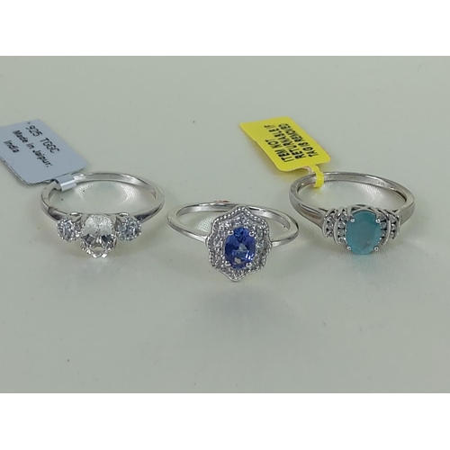 344 - 3 silver stone set rings, sizes T, R & T