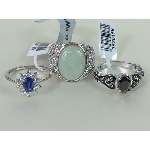 347 - 3 silver stone set rings, sizes T, R & R