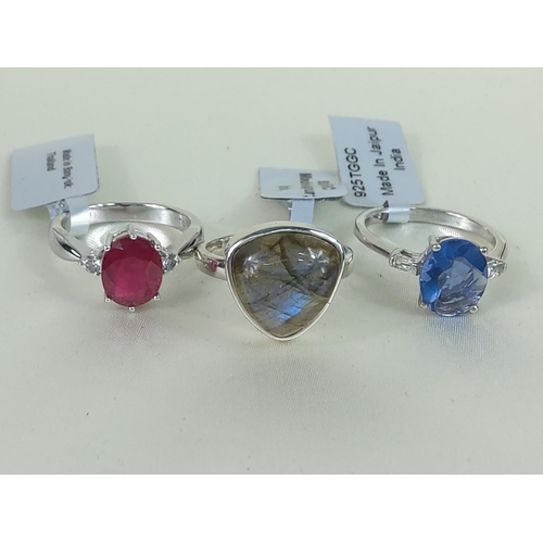 348 - 3 silver stone set rings, sizes R, P & R