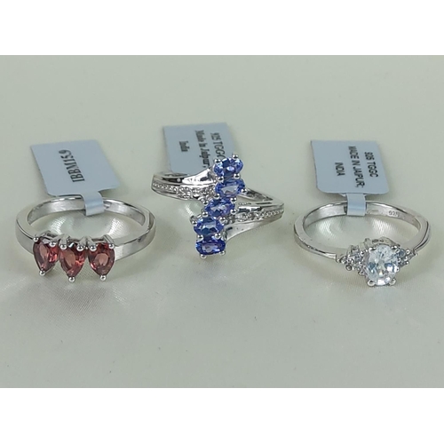 349 - 3 silver stone set rings, sizes R, R & Q