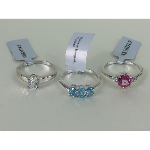 350 - 3 stone set silver rings, all size R