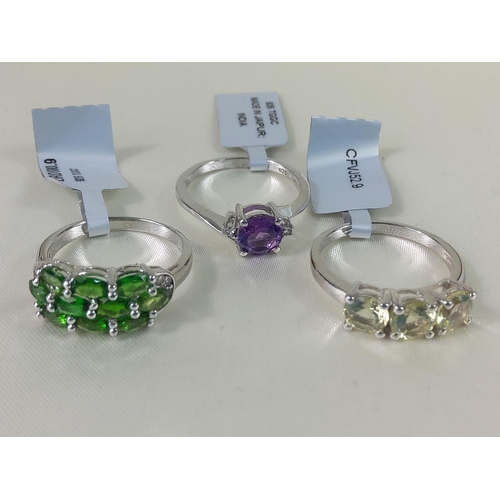 352 - 3 stone set silver rings, all size R