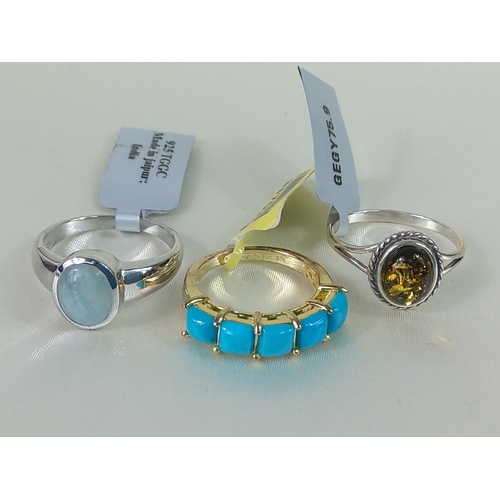 353 - 3 stone set silver rings, sizes R, O & R