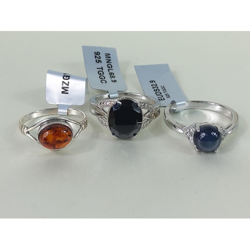 354 - 3 stone set silver rings, sizes R, P & R