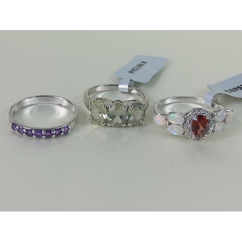 355 - 3 stone set silver rings, sizes P, R & P