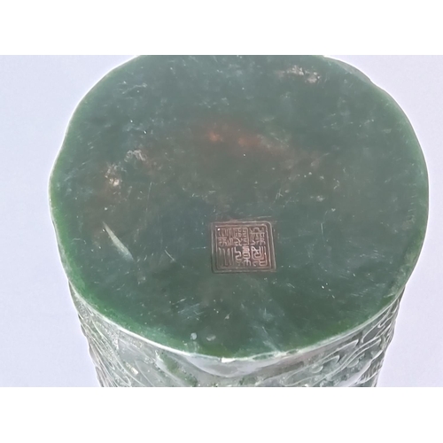 350 - Signed carved jade brush pot, 15cms in height, diameter 13cms x 11cms