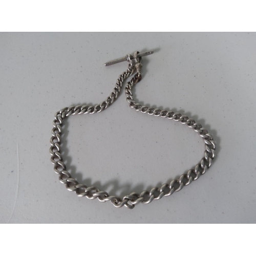 372 - Silver watch chain with T-bar and silver case, 35g gross weight