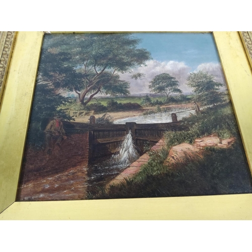 82 - Gilt framed oil on board of waterway scene, 42cms x 43cms