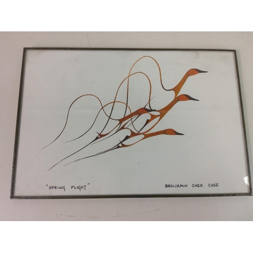 193 - Framed etching and Small picture 'Spring flight' by Benjamin Cheechee