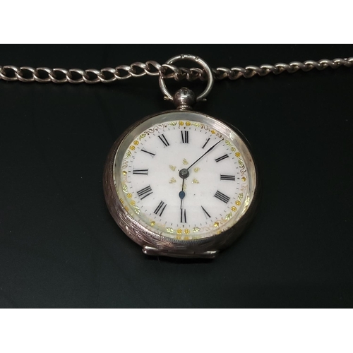 374 - Silver cased fob watch with enamel dial and silver chain