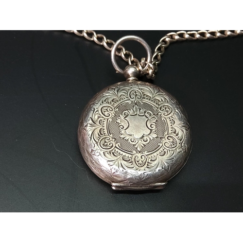 374 - Silver cased fob watch with enamel dial and silver chain