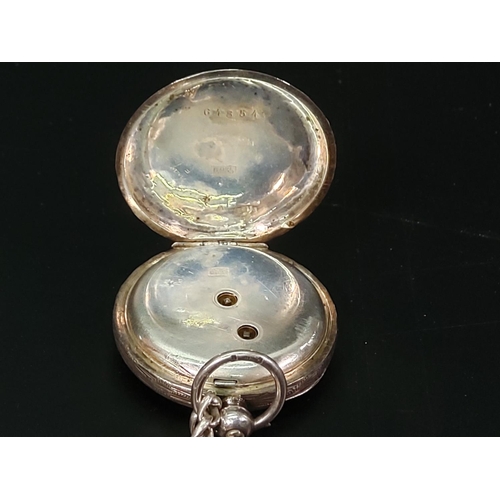 374 - Silver cased fob watch with enamel dial and silver chain