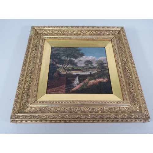 47 - Gilt framed oil on board of waterway scene, 42cms x 43cms