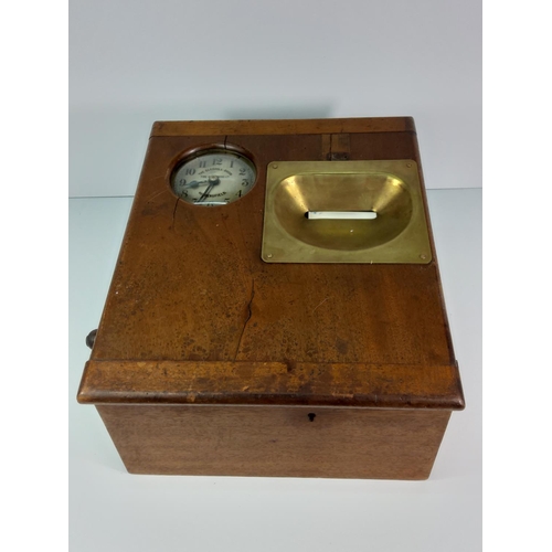 79 - Antique mahogany till with inbuilt clock, 41cms x 35cms x 24cms