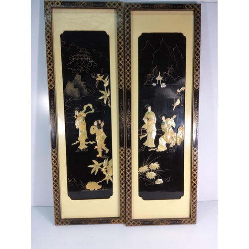 46 - Pair of Oriental lacquered 3D pictures, both 93cms x 30cms