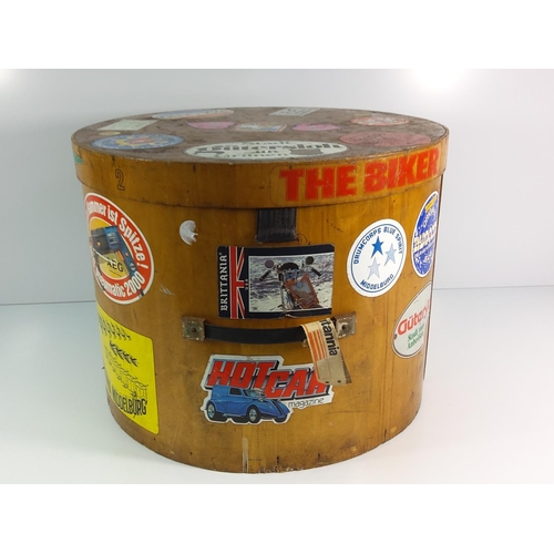 107 - Vintage 1950's bentwood drum box covered with stickers, 35cms in height x 45cms diameter